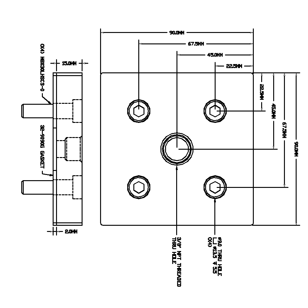 32-909038N-1 MODULAR SOLUTIONS PNEUMATIC PLATE 90MM X 90MM WITH GASKET 3/8" NPT THREADED CENTER THRU HOLE